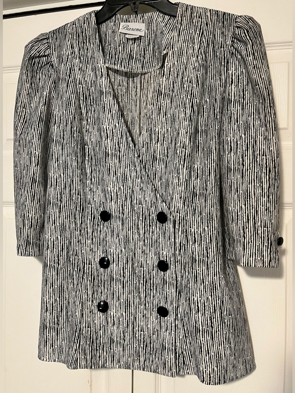 Vintage Barone Double Breasted Black/White Print Blazer, Size 10